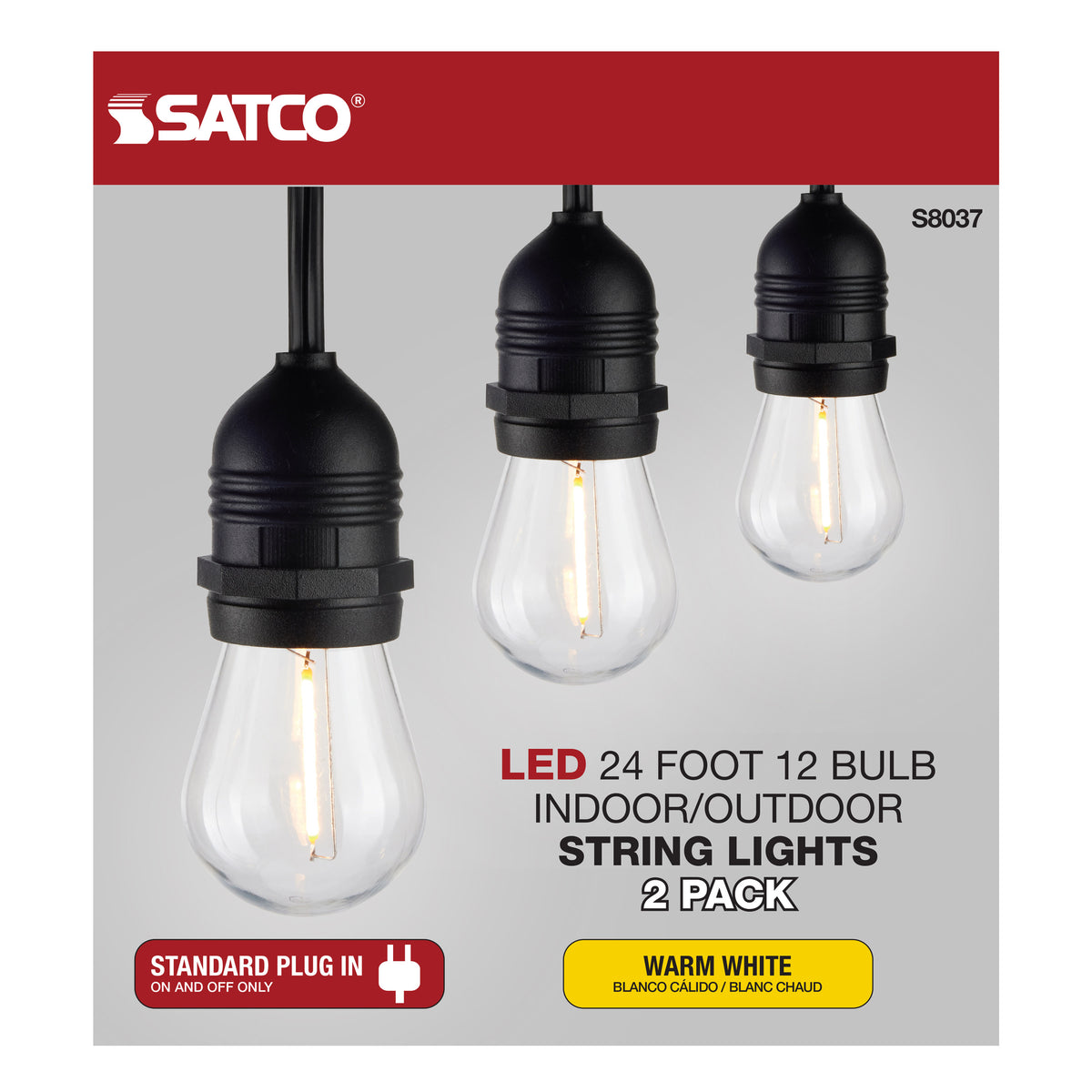 2 Pack - 24Ft - LED String Light - Includes 12-S14 bulbs - 2200K - 120 Volts