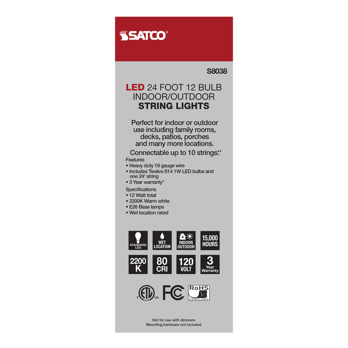 24Ft - LED String Light - Includes 12-S14 bulbs - 2200K - White Cord
