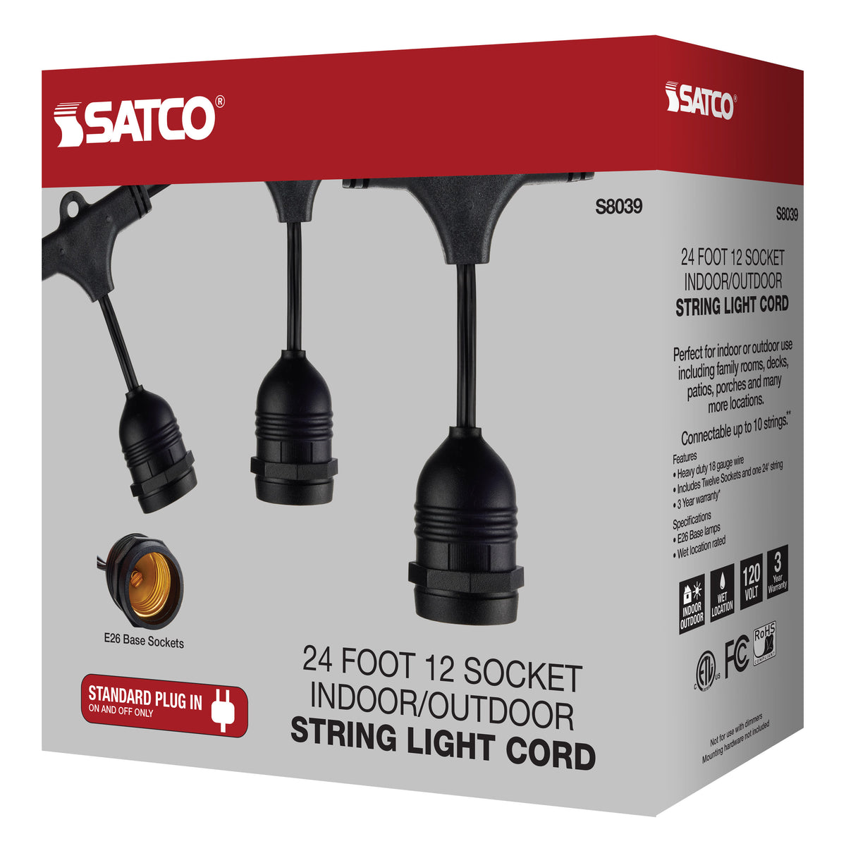 24Ft - LED String Light - 12 Socketed Black Cord and Plug Only