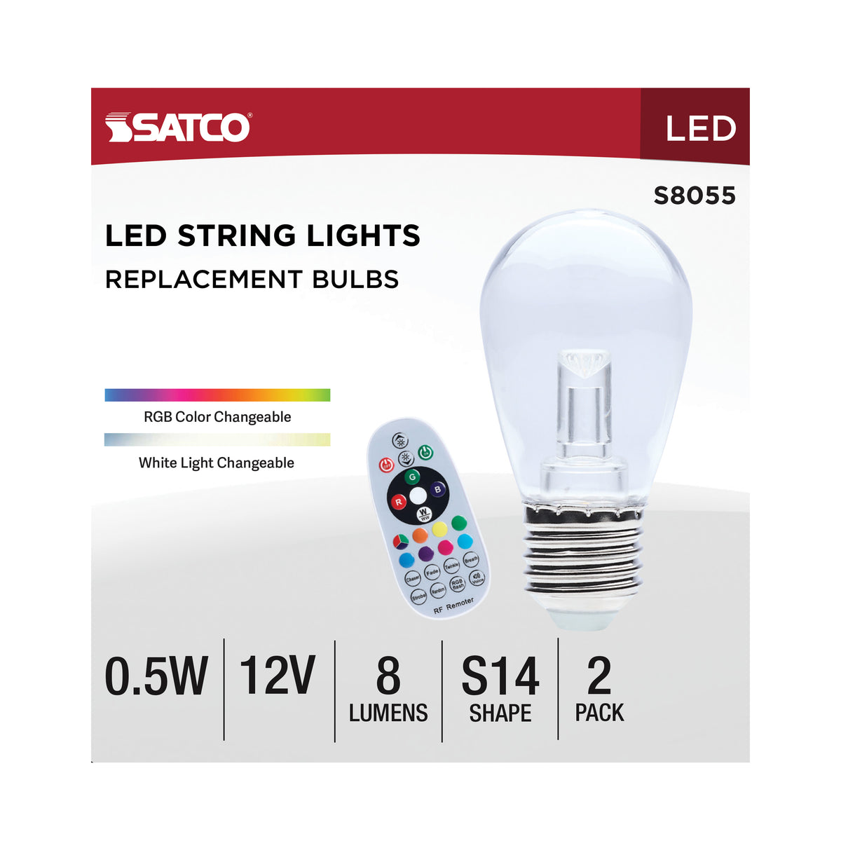 0.5 Watt LED String Light Replacement Lamp - S14 - Medium Base - RGBTW - Clear - Remote Control - 12 Volt - 2-Pack