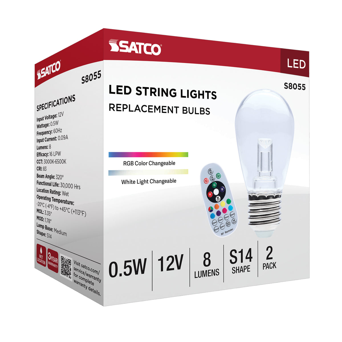 0.5 Watt LED String Light Replacement Lamp - S14 - Medium Base - RGBTW - Clear - Remote Control - 12 Volt - 2-Pack