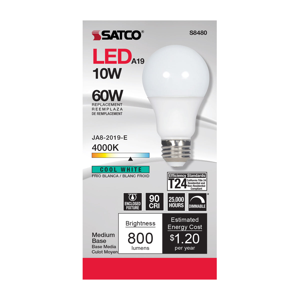 10 Watt - A19 LED - Frosted - 4000K Medium base - 120 Volt