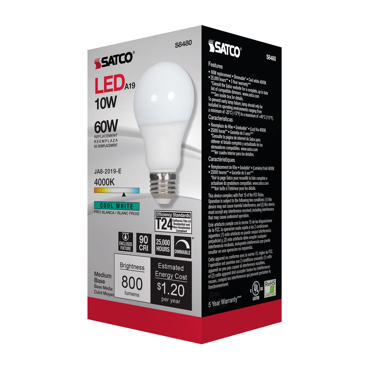 10 Watt - A19 LED - Frosted - 4000K Medium base - 120 Volt