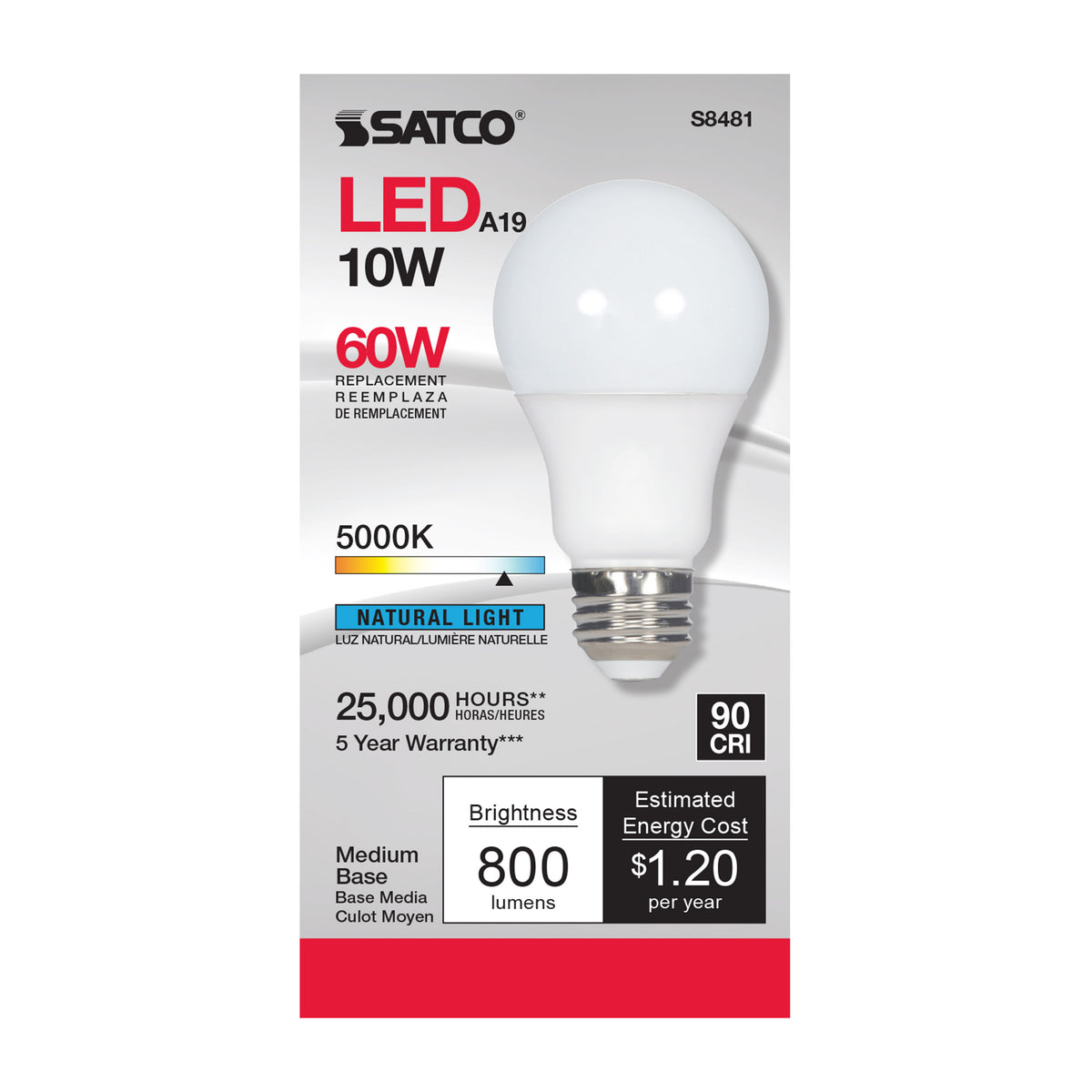 10 Watt - A19 LED - Frosted - 5000K Medium base - 120 Volt