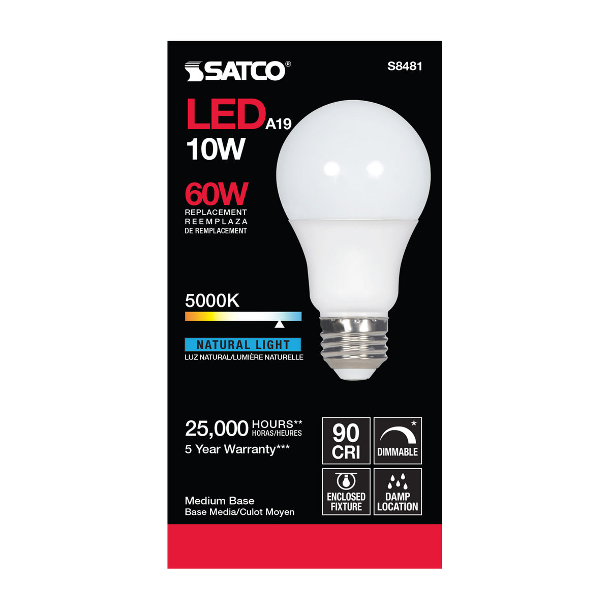10 Watt - A19 LED - Frosted - 5000K Medium base - 120 Volt