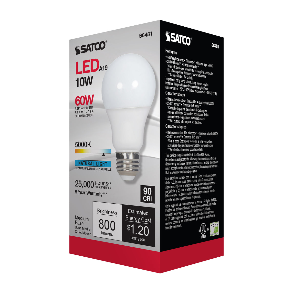 10 Watt - A19 LED - Frosted - 5000K Medium base - 120 Volt