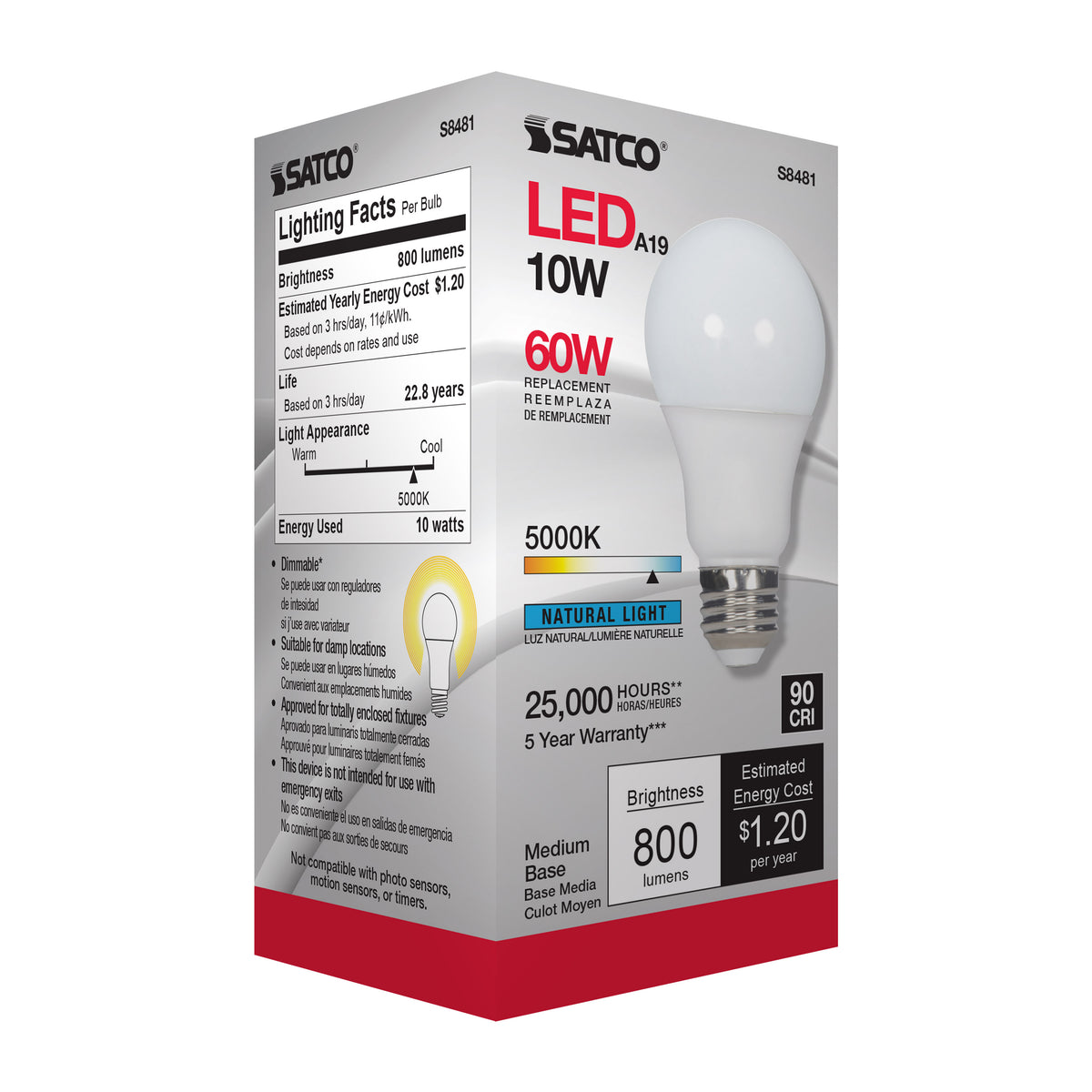 10 Watt - A19 LED - Frosted - 5000K Medium base - 120 Volt