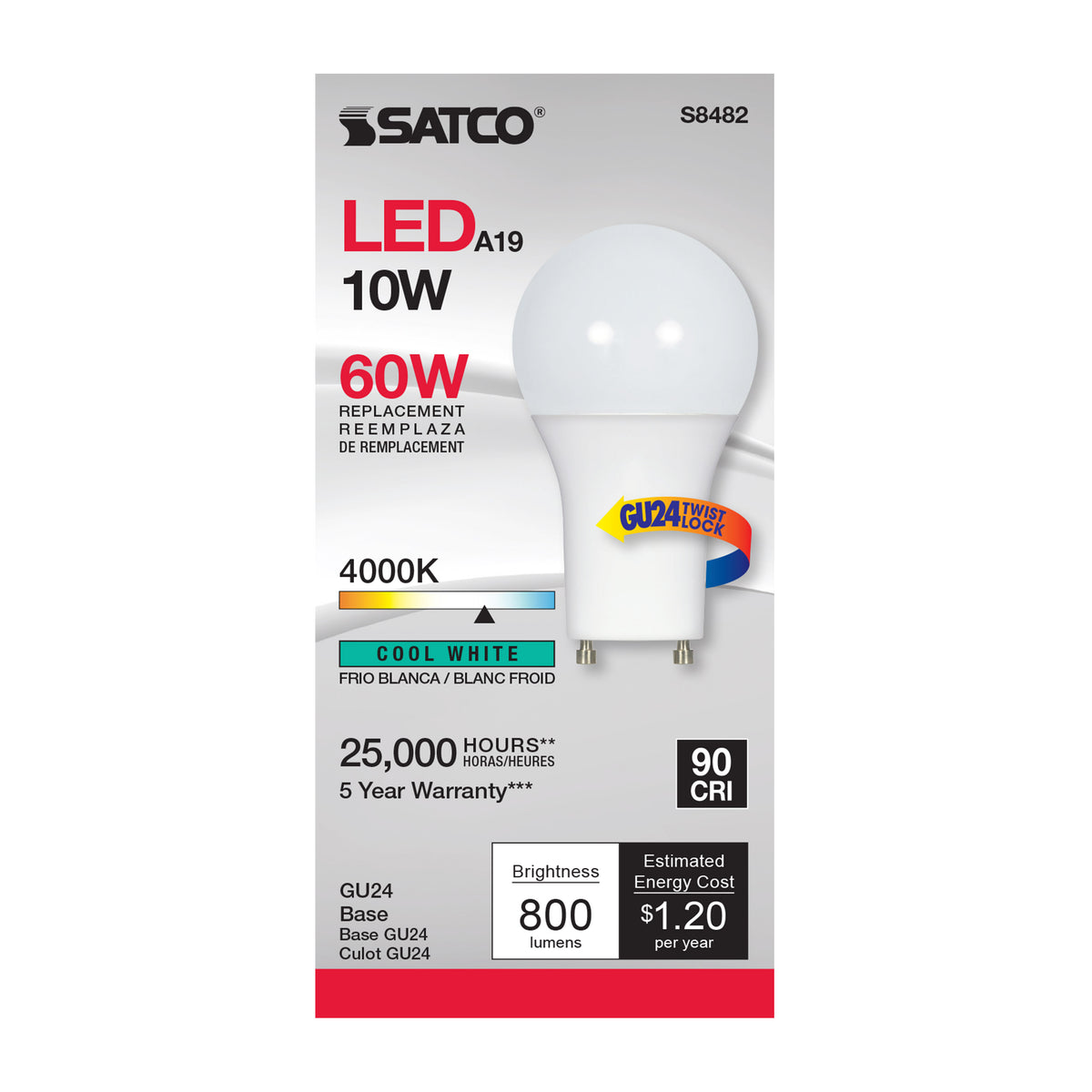 10 Watt - A19 LED - Frosted - 4000K - GU24 base - 120 Volt