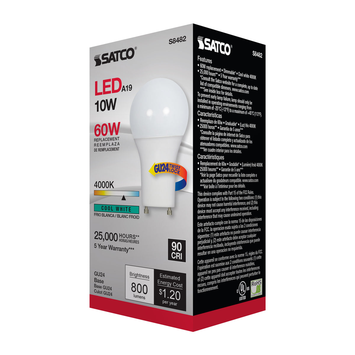 10 Watt - A19 LED - Frosted - 4000K - GU24 base - 120 Volt