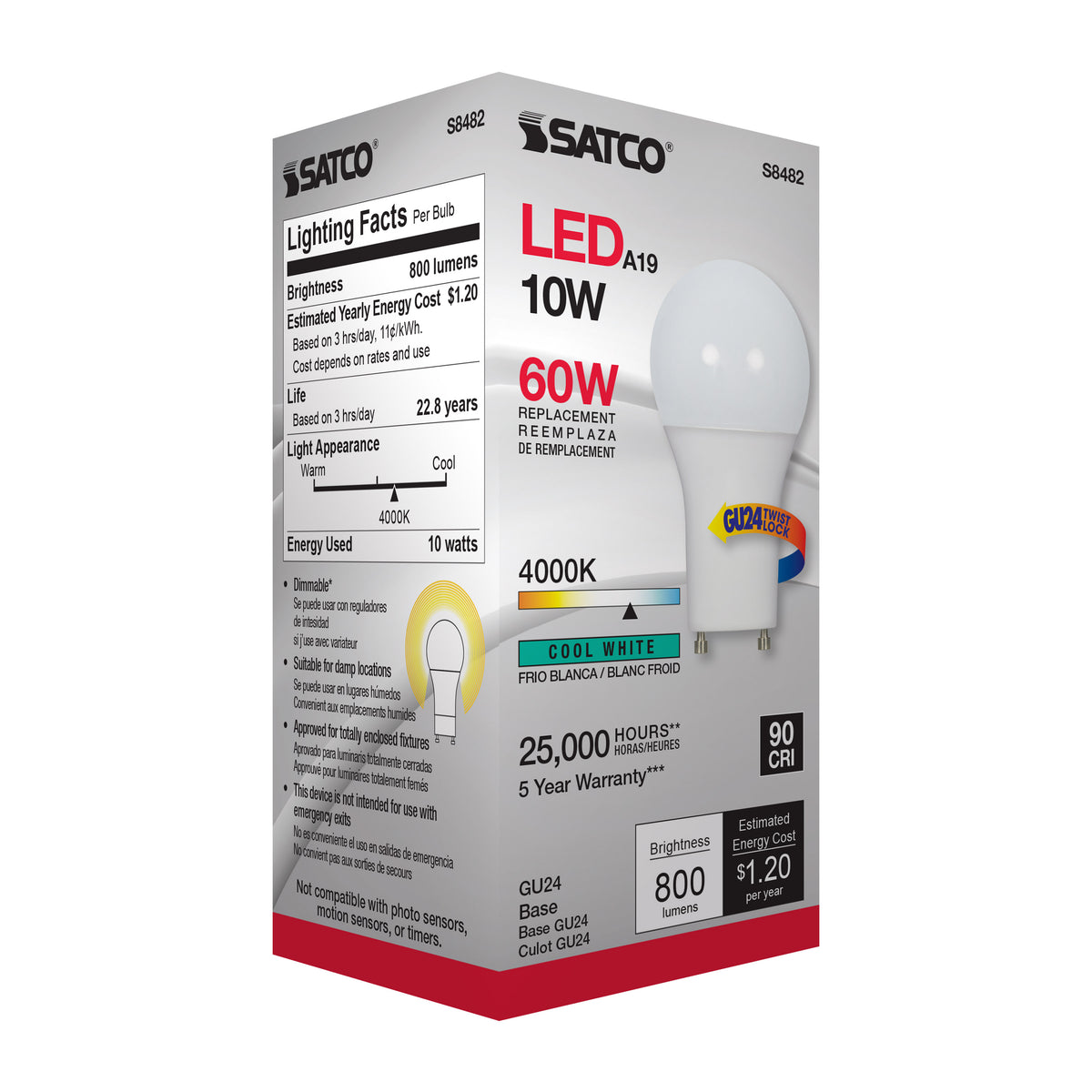 10 Watt - A19 LED - Frosted - 4000K - GU24 base - 120 Volt
