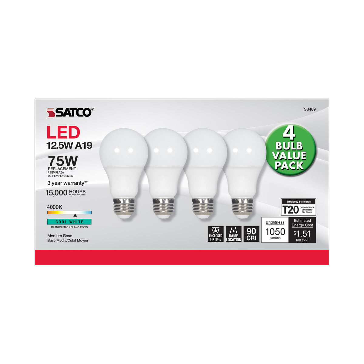 12.5 Watt - A19 LED - 4000K - Medium base - 120 Volt - 4-pack