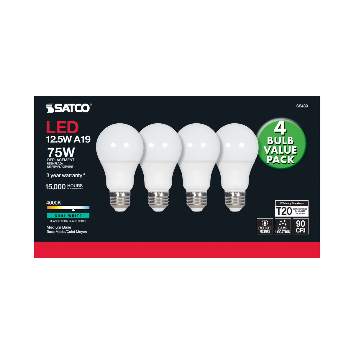 12.5 Watt - A19 LED - 4000K - Medium base - 120 Volt - 4-pack