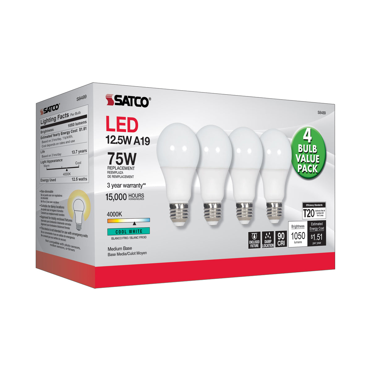 12.5 Watt - A19 LED - 4000K - Medium base - 120 Volt - 4-pack
