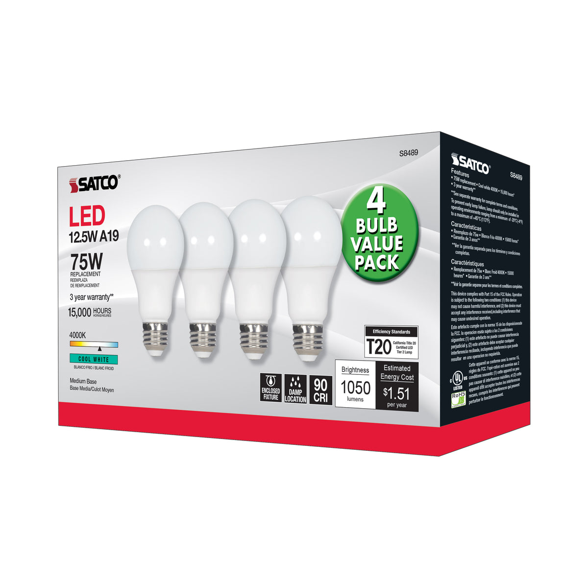 12.5 Watt - A19 LED - 4000K - Medium base - 120 Volt - 4-pack