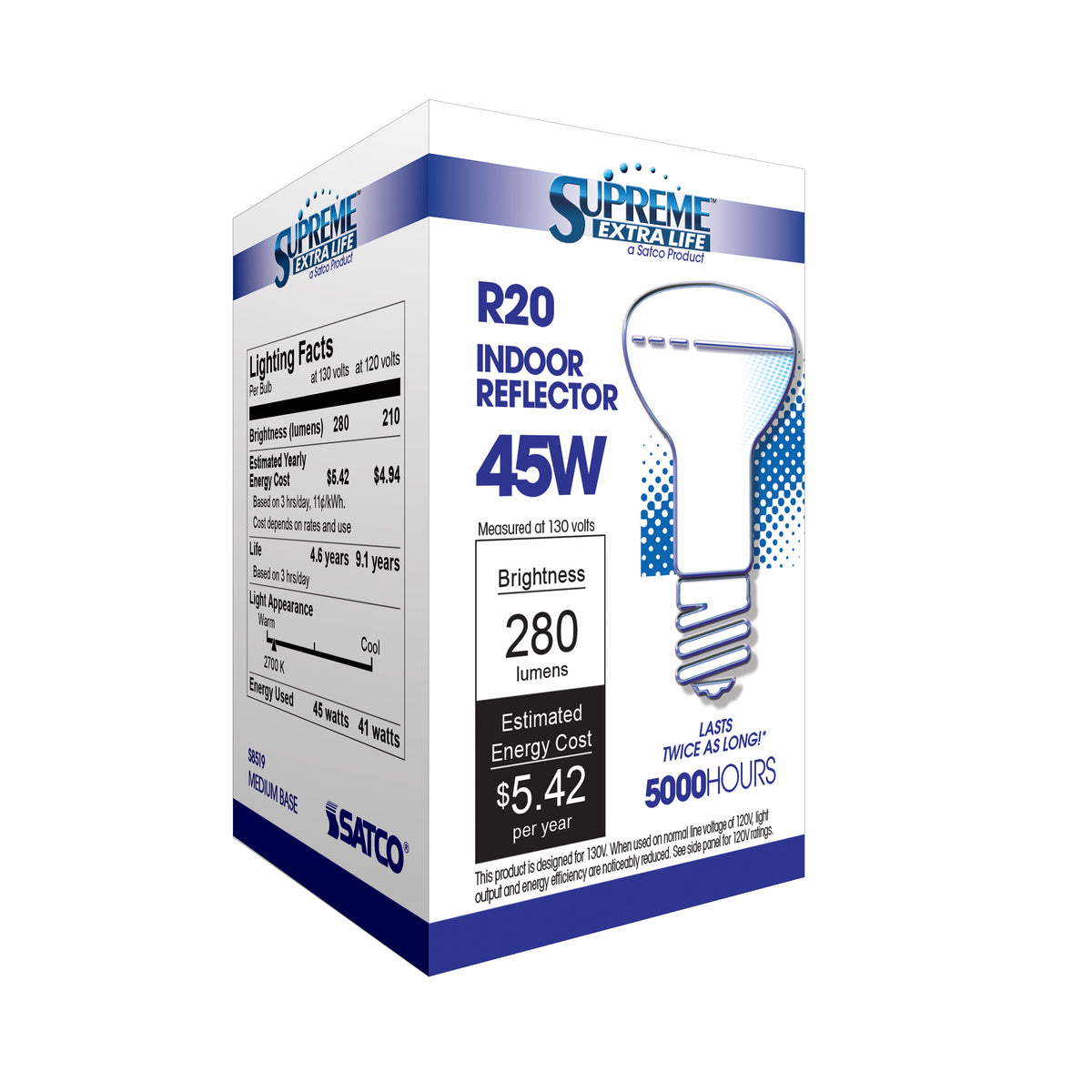 45 Watt R20 Incandescent - Frost - 5000 Average rated hours - 280 Lumens - Medium base - 130 Volt
