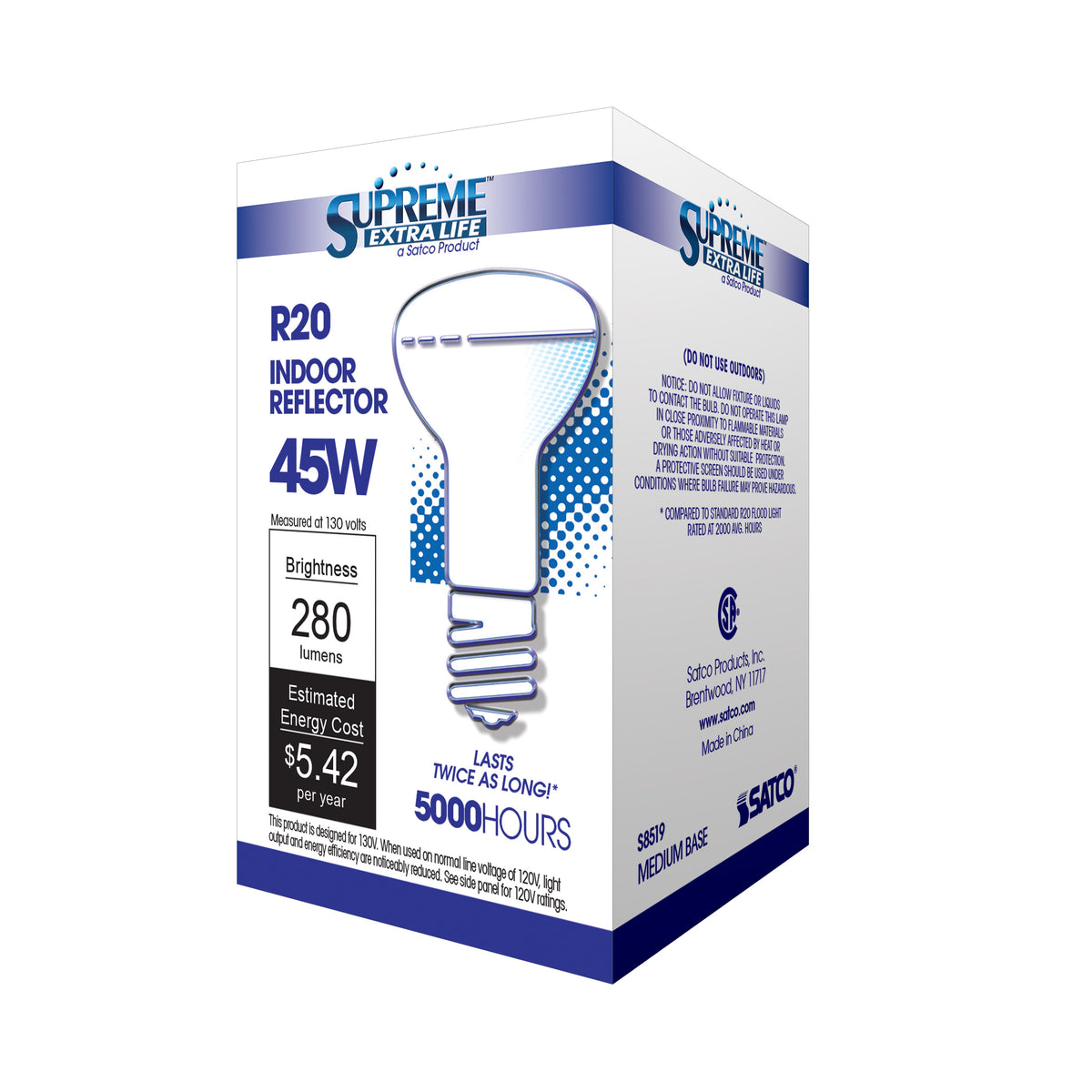 45 Watt R20 Incandescent - Frost - 5000 Average rated hours - 280 Lumens - Medium base - 130 Volt