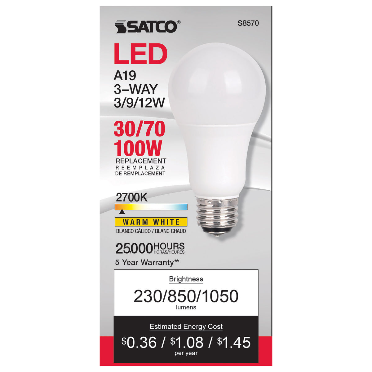 3 Watt/9 Watt/12 Watt - A19 LED - 3-way - Frosted - 2700K - Medium base - 120 Volt