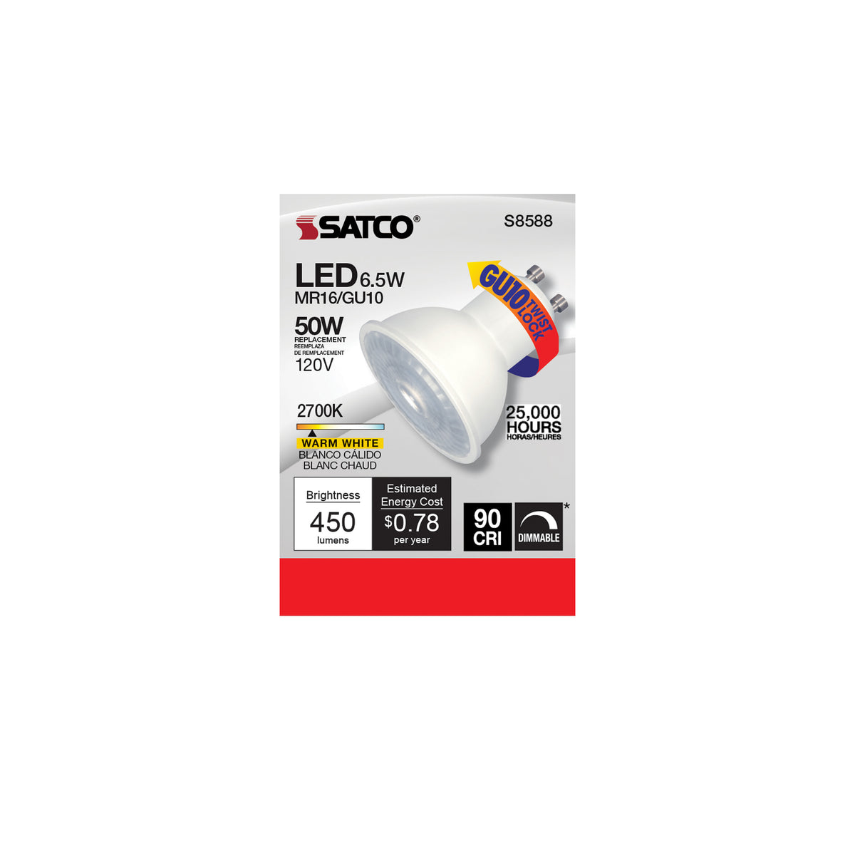 6.5 Watt - LED MR16 - 2700K - 40 deg. Beam Angle - GU10 base - 120 Volt