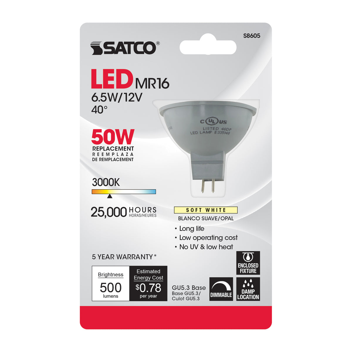 6.5 Watt - LED MR16 - 3000K - 40 deg. Beam Angle - GU5.3 base - 12 Volt AC/DC - Carded