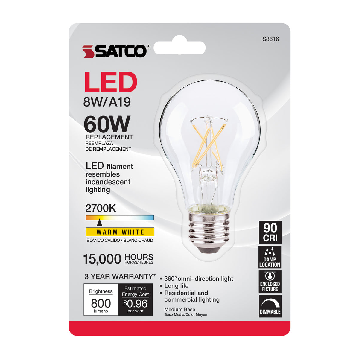 8 Watt A19 LED Filament - Clear - Medium base - 2700K - 800 Lumens - 120 Volt - Carded