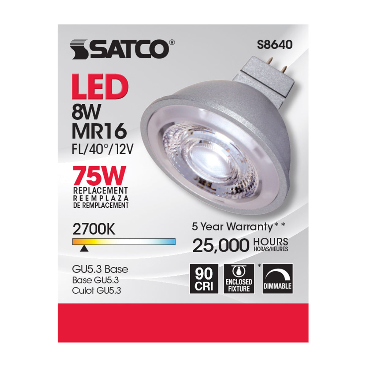 8W - LED MR16 - 2700K - 40 deg. beam spread - GU5.3 base - 12 Volt AC/DC