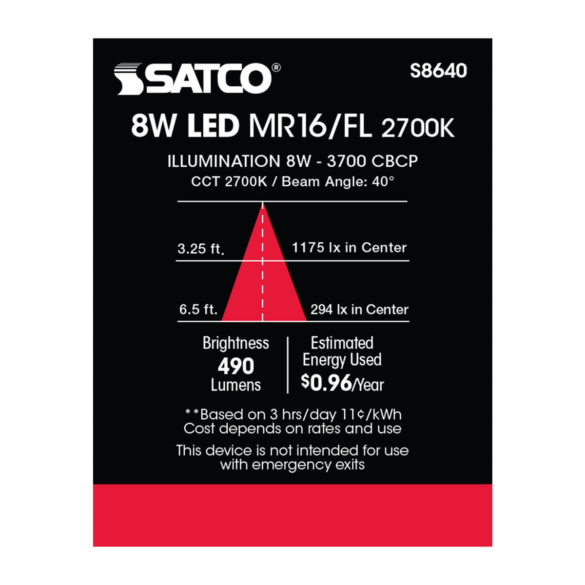8W - LED MR16 - 2700K - 40 deg. beam spread - GU5.3 base - 12 Volt AC/DC