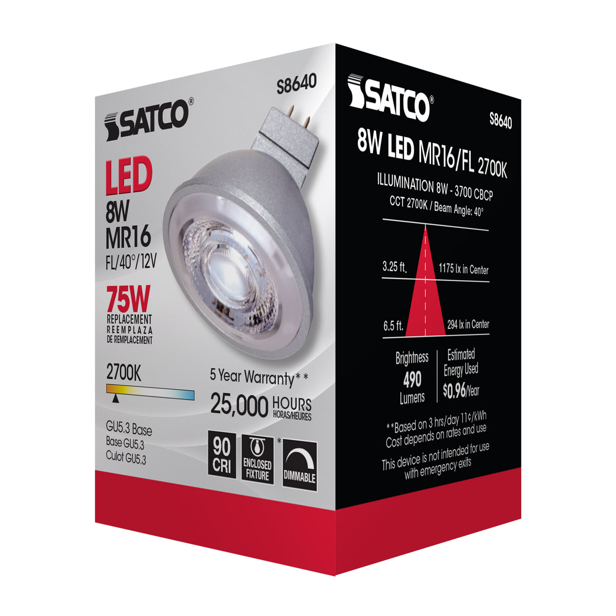 8W - LED MR16 - 2700K - 40 deg. beam spread - GU5.3 base - 12 Volt AC/DC