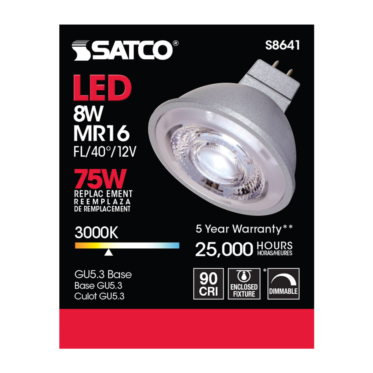 8W - LED MR16 - 3000K - 40 deg. beam spread - GU5.3 base - 12 Volt AC/DC