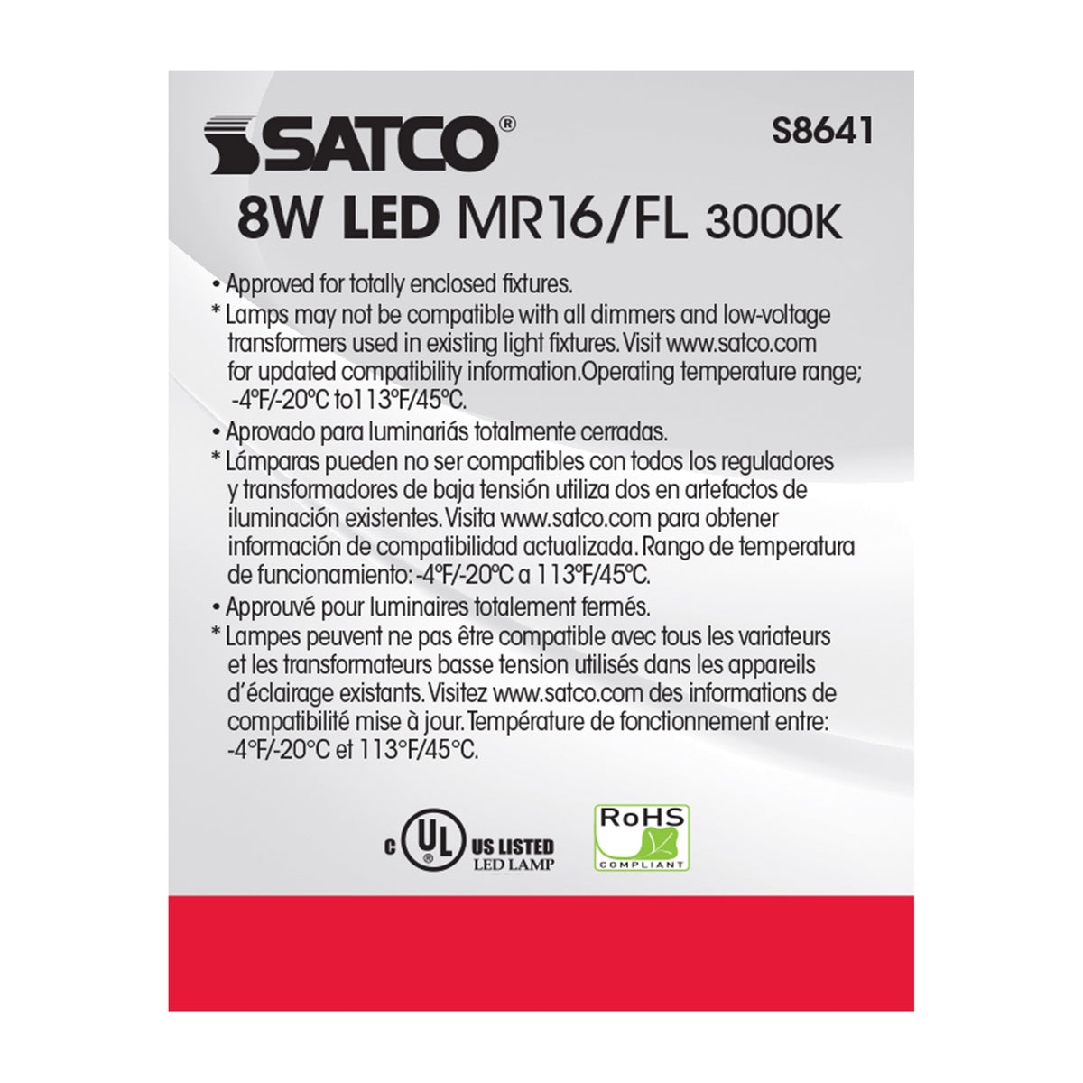 8W - LED MR16 - 3000K - 40 deg. beam spread - GU5.3 base - 12 Volt AC/DC