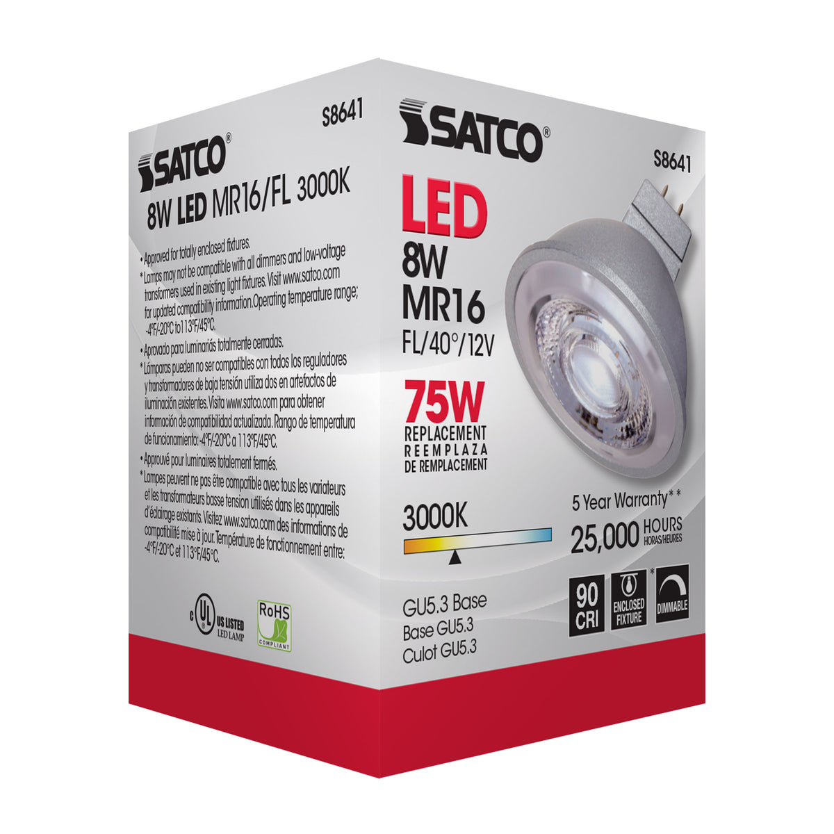 8W - LED MR16 - 3000K - 40 deg. beam spread - GU5.3 base - 12 Volt AC/DC