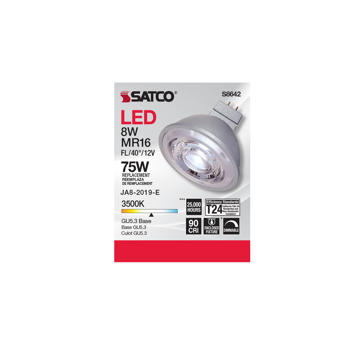 8W - LED MR16 - 3500K - 40 deg. beam spread - GU5.3 base - 12 Volt AC/DC