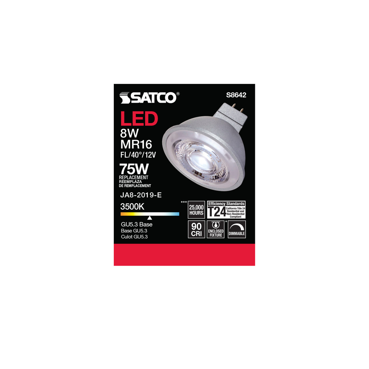 8W - LED MR16 - 3500K - 40 deg. beam spread - GU5.3 base - 12 Volt AC/DC