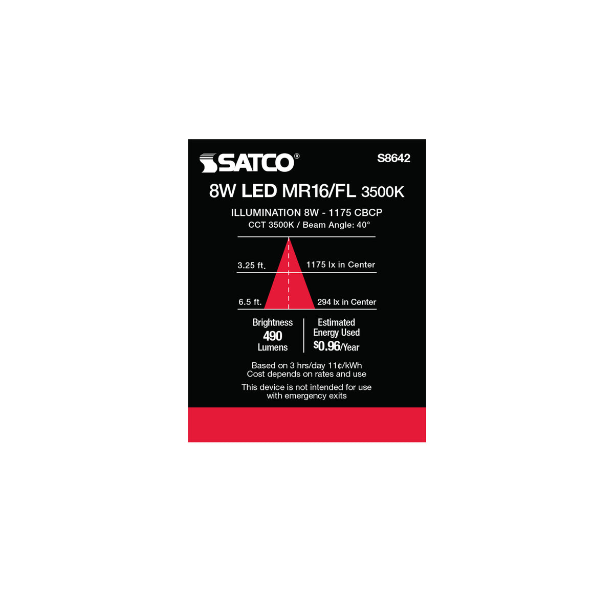 8W - LED MR16 - 3500K - 40 deg. beam spread - GU5.3 base - 12 Volt AC/DC