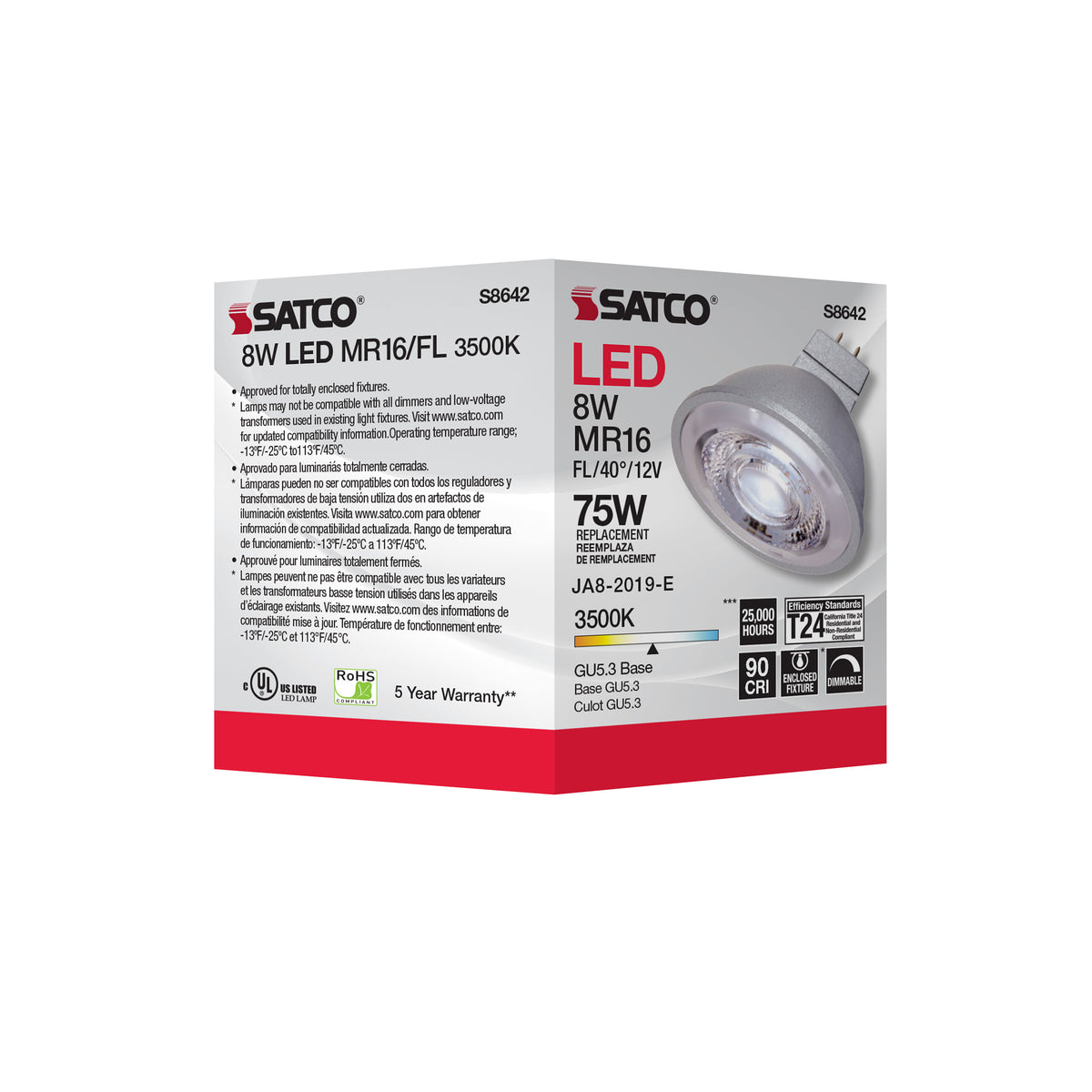 8W - LED MR16 - 3500K - 40 deg. beam spread - GU5.3 base - 12 Volt AC/DC