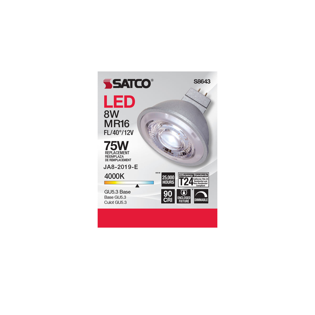 8W - LED MR16 - 4000K - 40 deg. beam spread - GU5.3 base - 12 Volt AC/DC