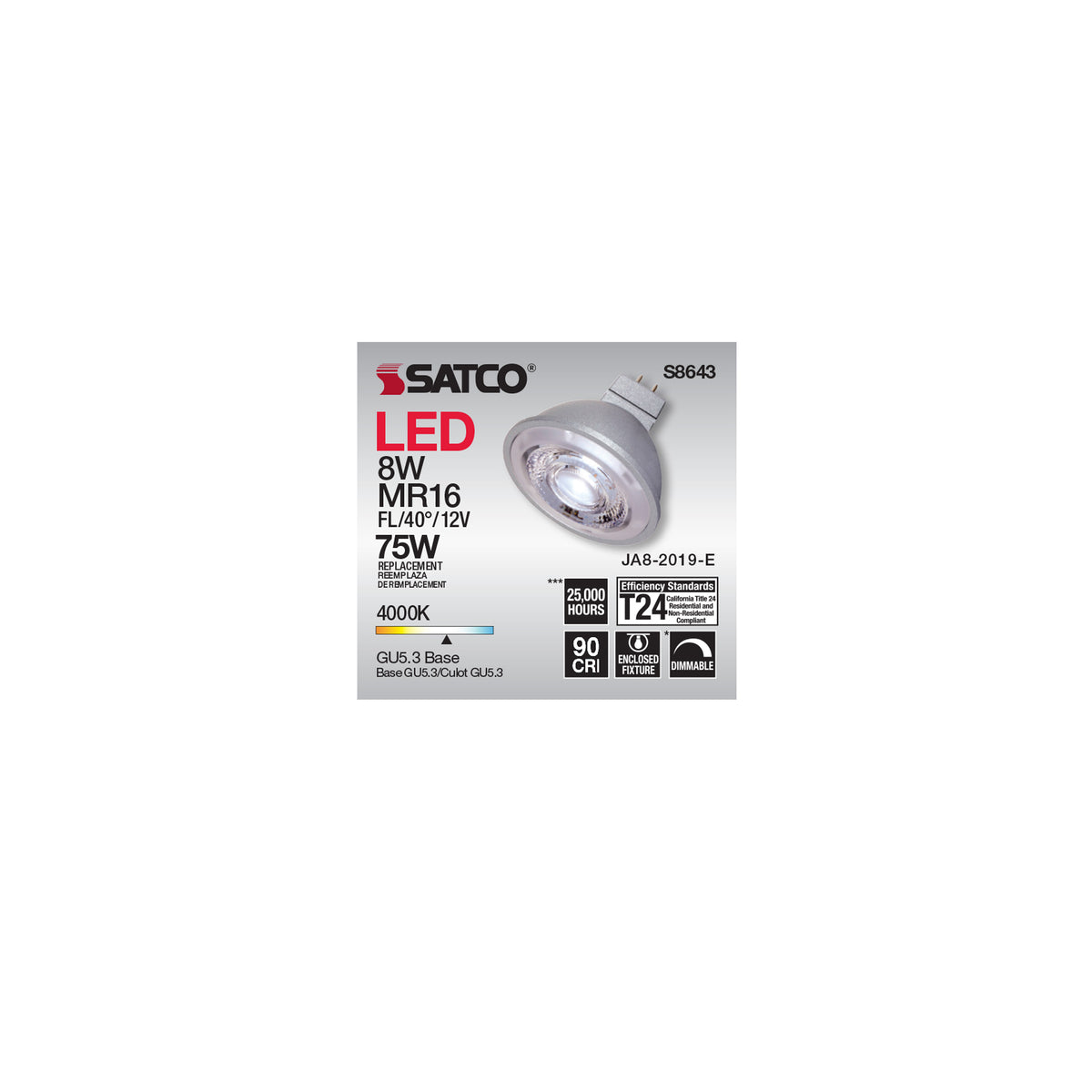 8W - LED MR16 - 4000K - 40 deg. beam spread - GU5.3 base - 12 Volt AC/DC