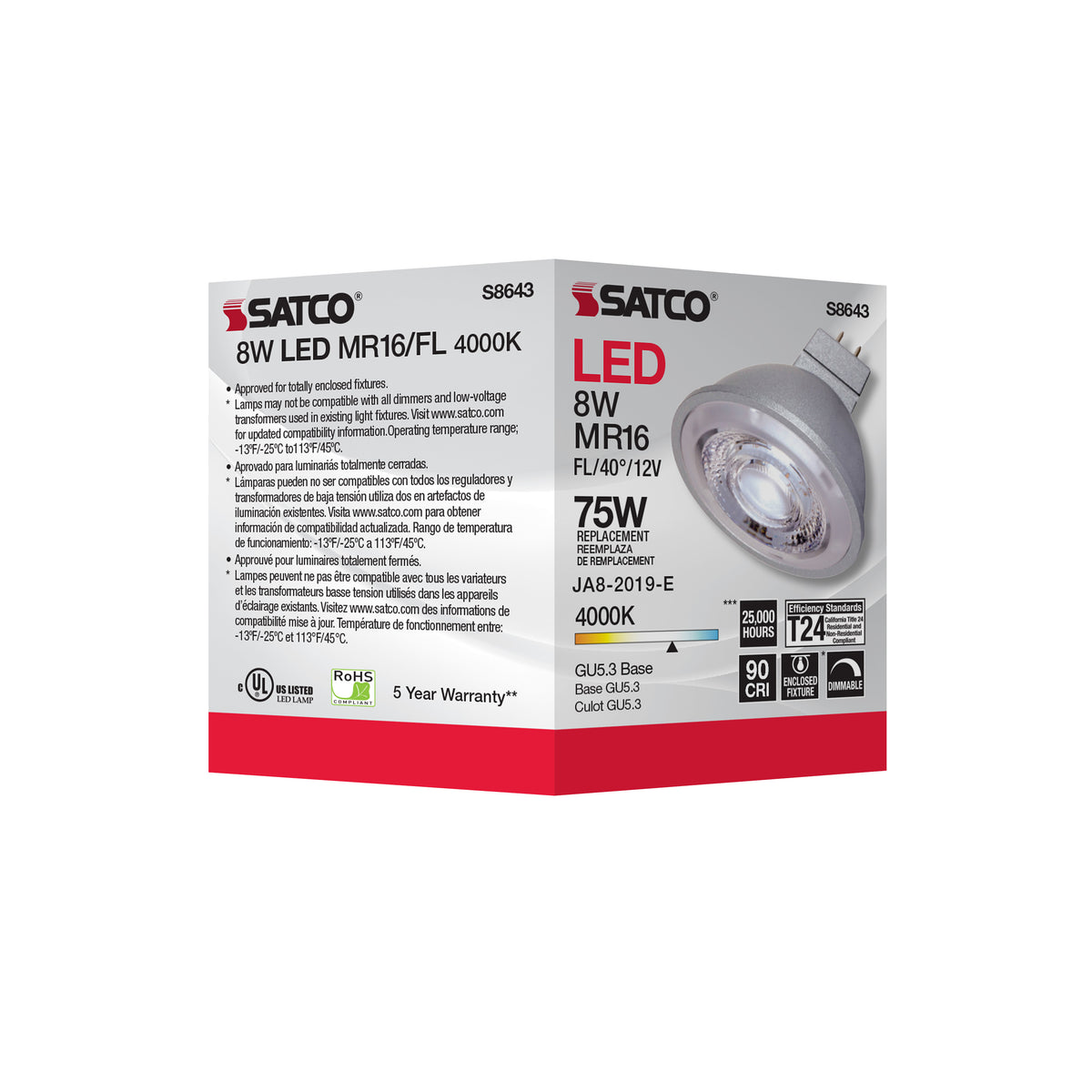 8W - LED MR16 - 4000K - 40 deg. beam spread - GU5.3 base - 12 Volt AC/DC