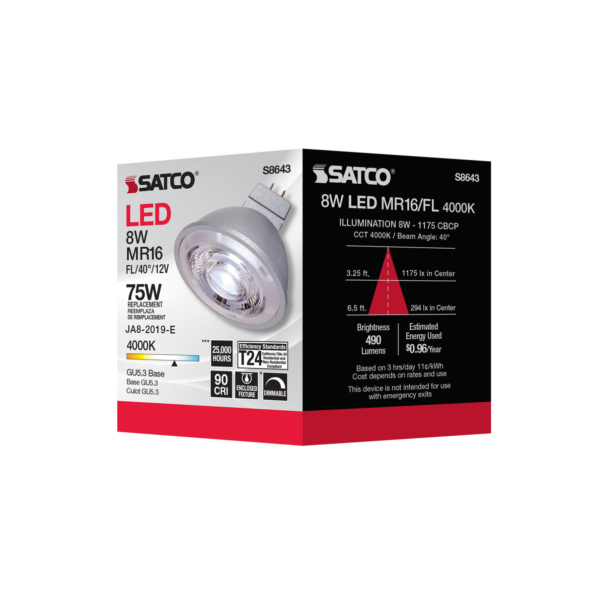 8W - LED MR16 - 4000K - 40 deg. beam spread - GU5.3 base - 12 Volt AC/DC