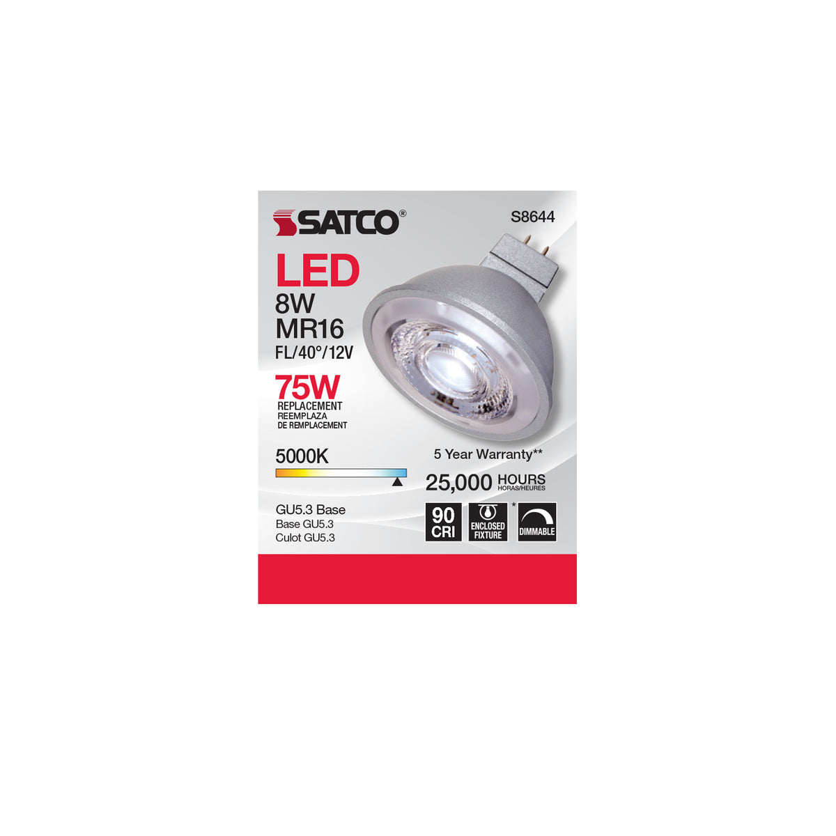 8W - LED MR16 - 5000K - 40 deg. beam spread - GU5.3 base - 12 Volt AC/DC