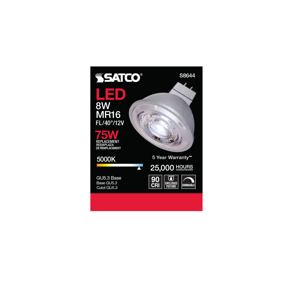 8W - LED MR16 - 5000K - 40 deg. beam spread - GU5.3 base - 12 Volt AC/DC