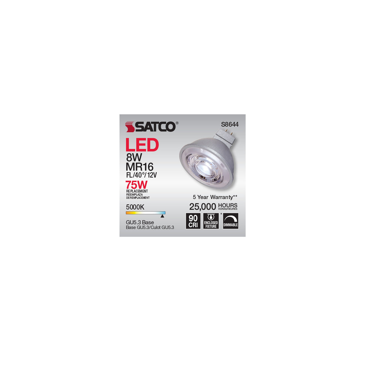 8W - LED MR16 - 5000K - 40 deg. beam spread - GU5.3 base - 12 Volt AC/DC