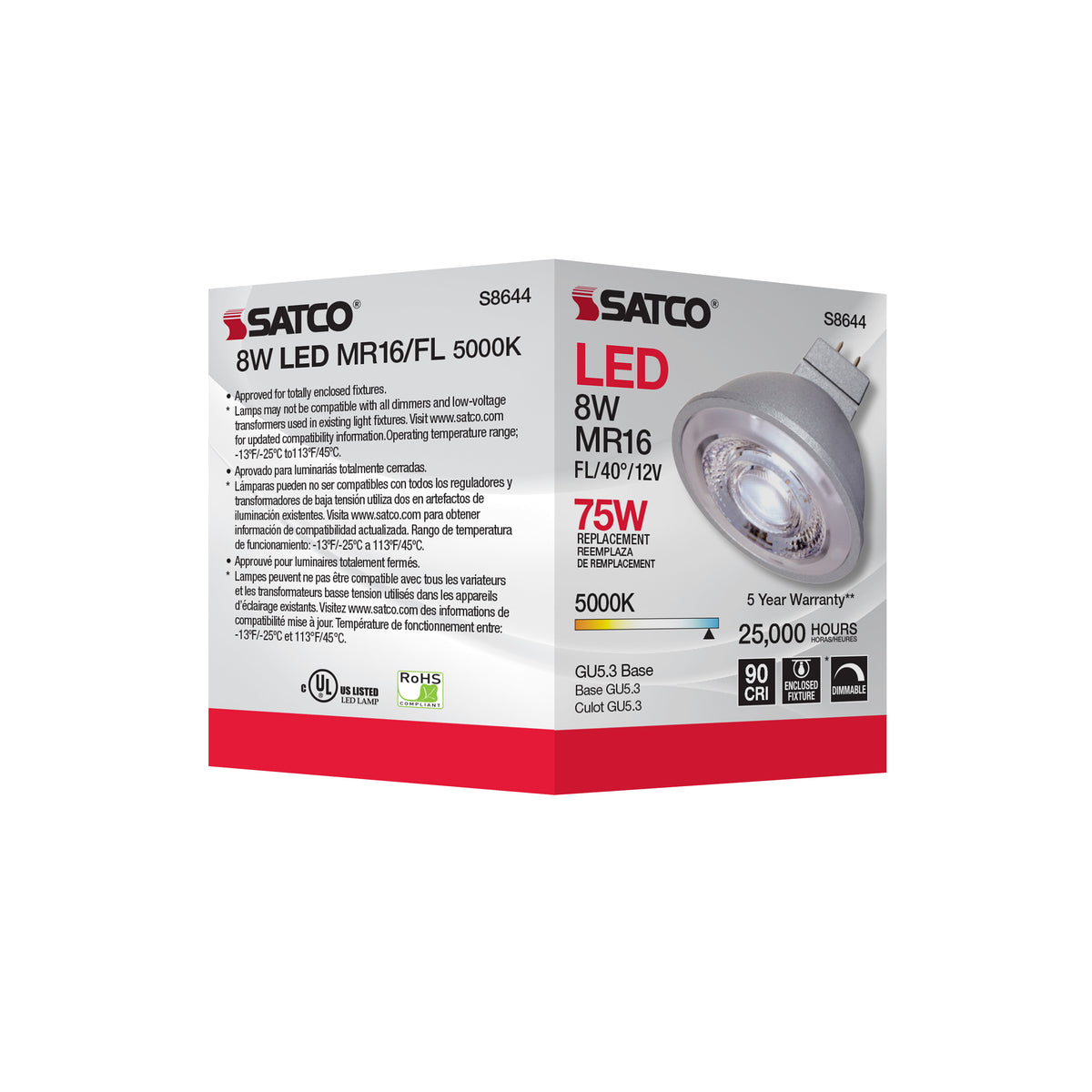 8W - LED MR16 - 5000K - 40 deg. beam spread - GU5.3 base - 12 Volt AC/DC
