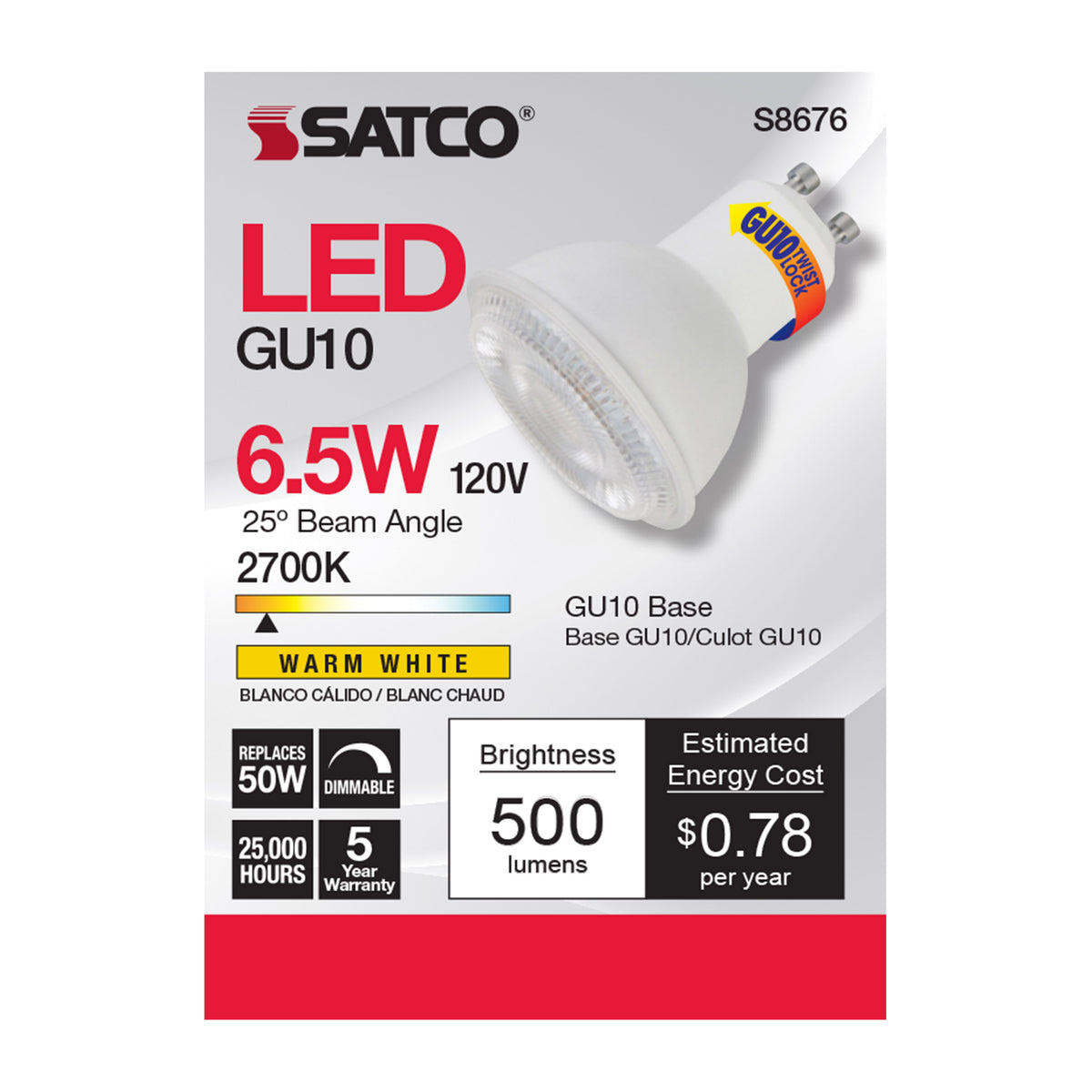 6.5 Watt - LED MR16 - 2700K - 25 deg. Beam Angle - GU10 base - 120 Volt