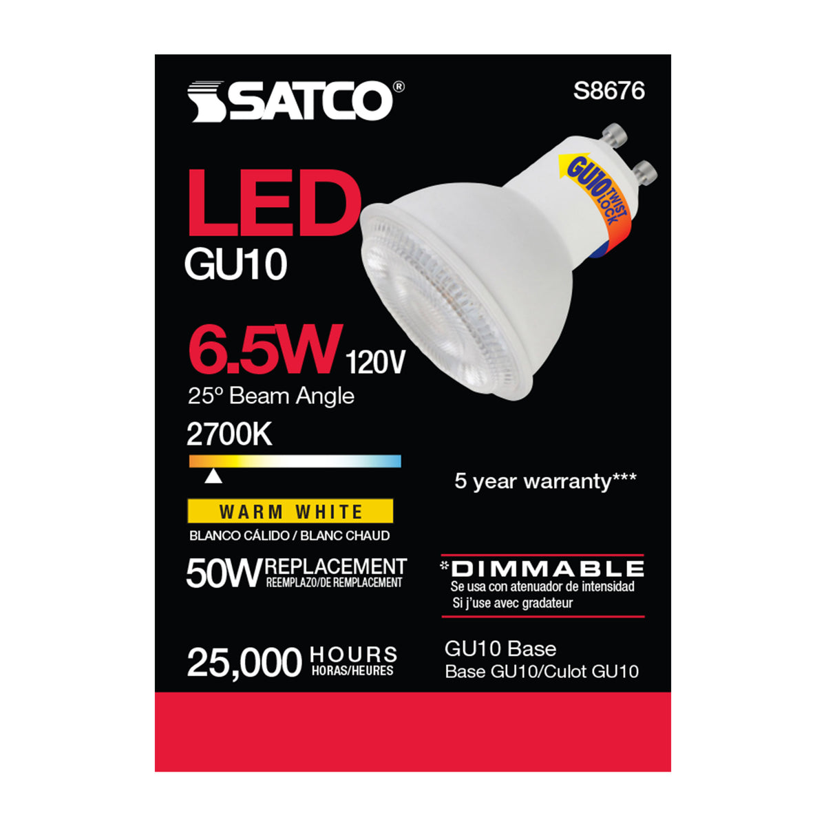 6.5 Watt - LED MR16 - 2700K - 25 deg. Beam Angle - GU10 base - 120 Volt