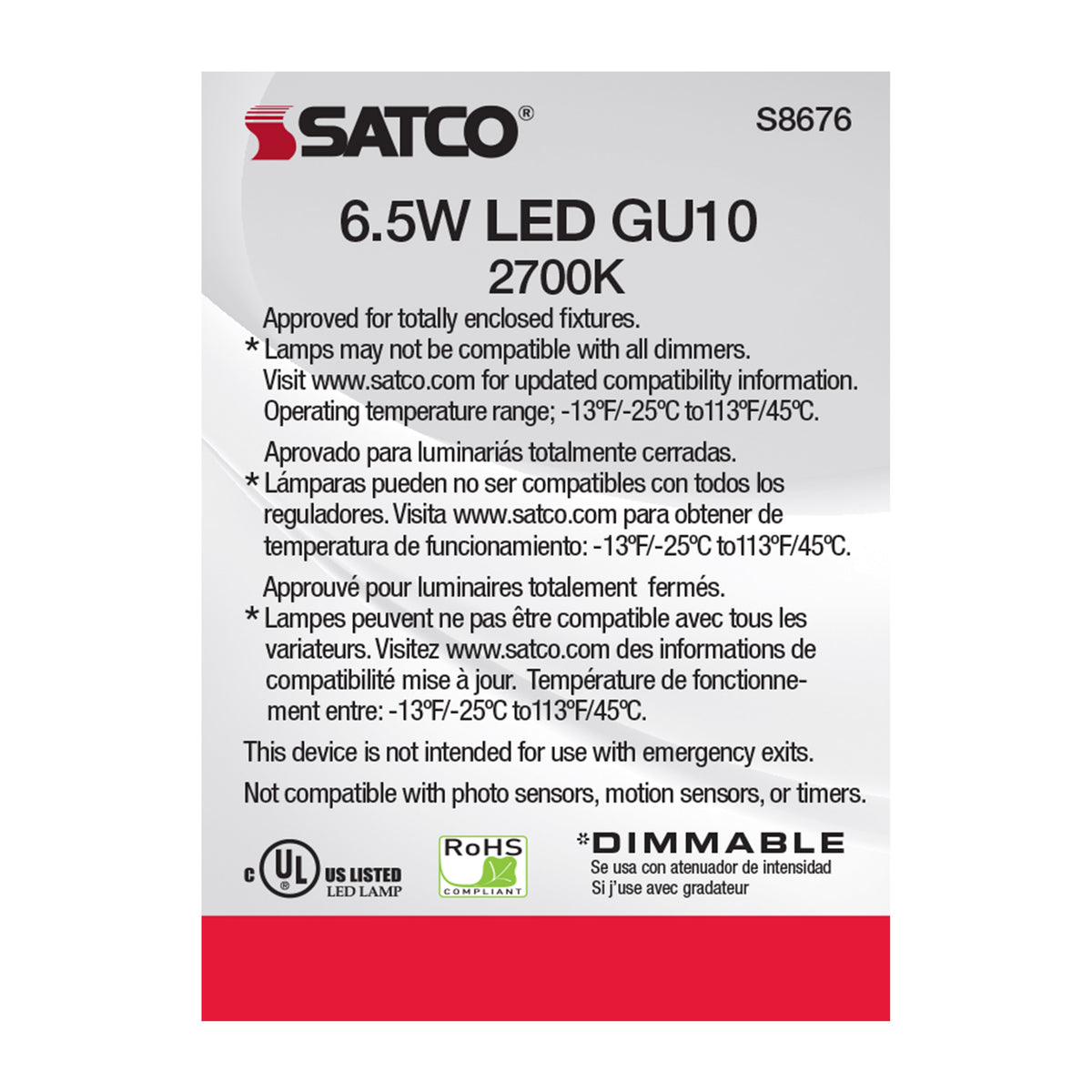 6.5 Watt - LED MR16 - 2700K - 25 deg. Beam Angle - GU10 base - 120 Volt