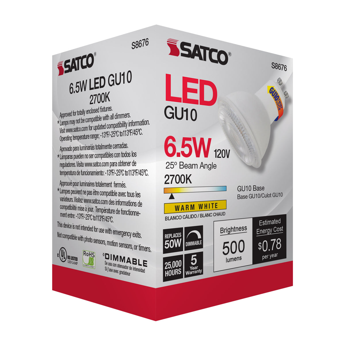 6.5 Watt - LED MR16 - 2700K - 25 deg. Beam Angle - GU10 base - 120 Volt