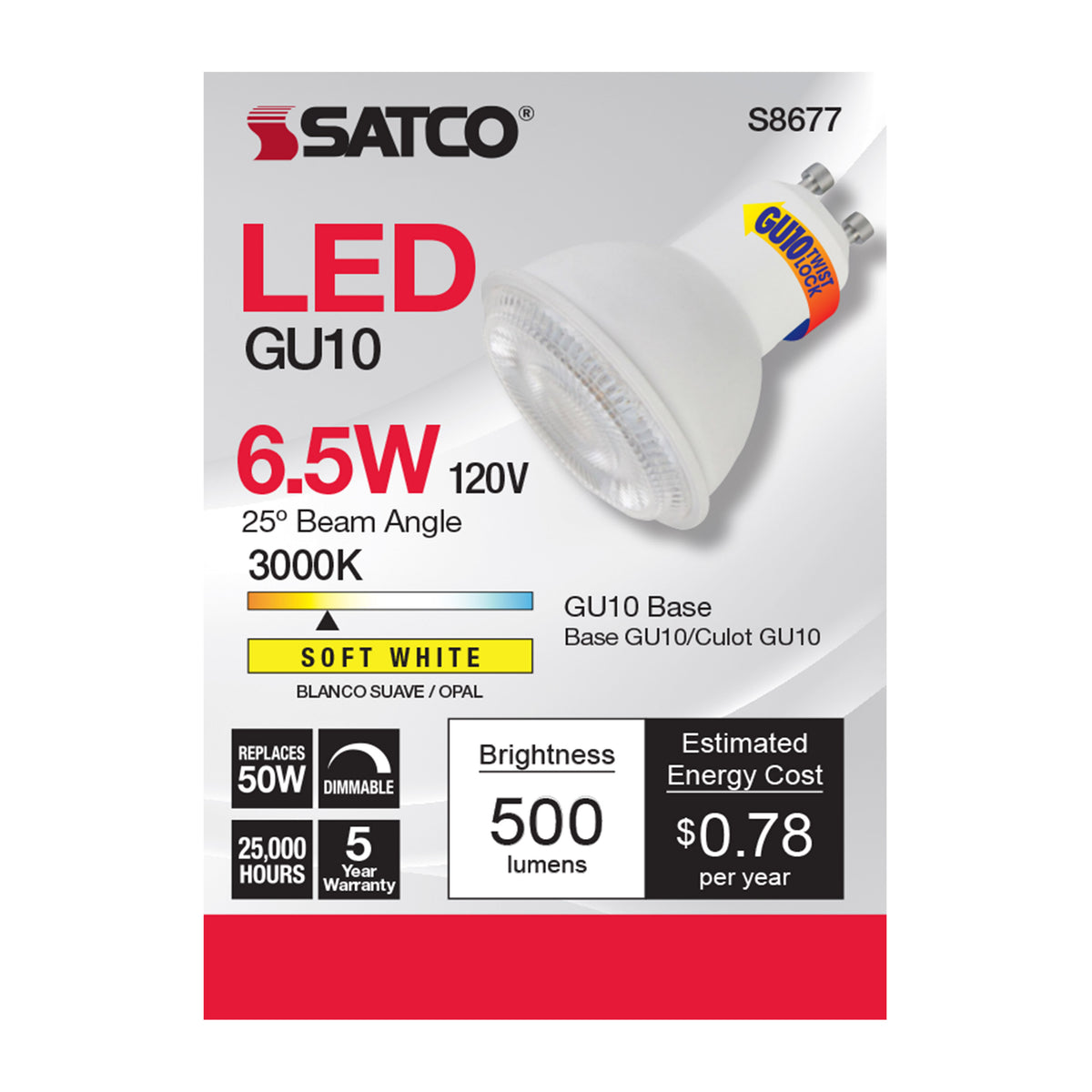 6.5 Watt - LED MR16 - 3000K - 25 deg. Beam Angle - GU10 base - 120 Volt