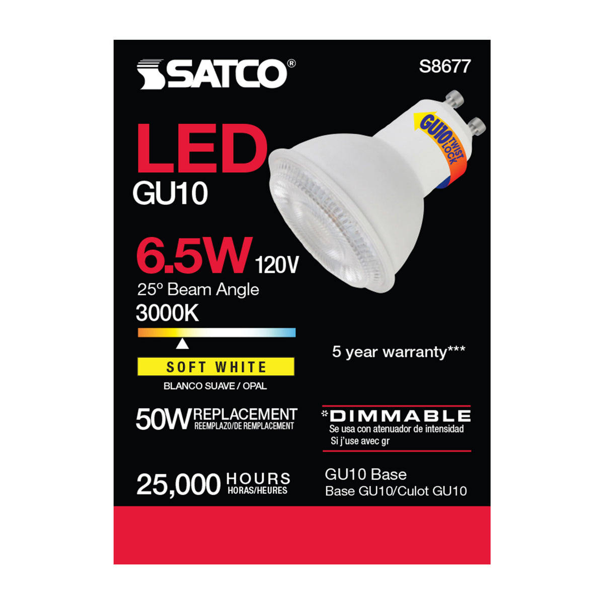 6.5 Watt - LED MR16 - 3000K - 25 deg. Beam Angle - GU10 base - 120 Volt