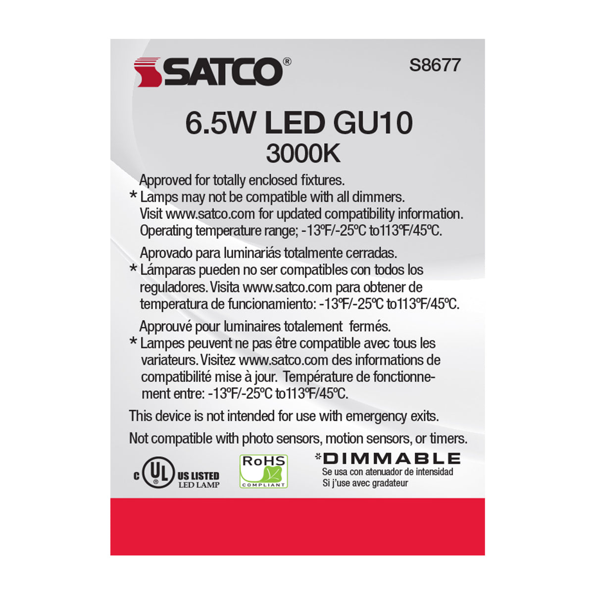 6.5 Watt - LED MR16 - 3000K - 25 deg. Beam Angle - GU10 base - 120 Volt