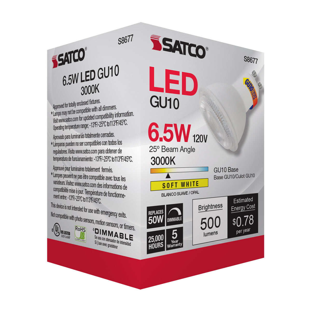 6.5 Watt - LED MR16 - 3000K - 25 deg. Beam Angle - GU10 base - 120 Volt